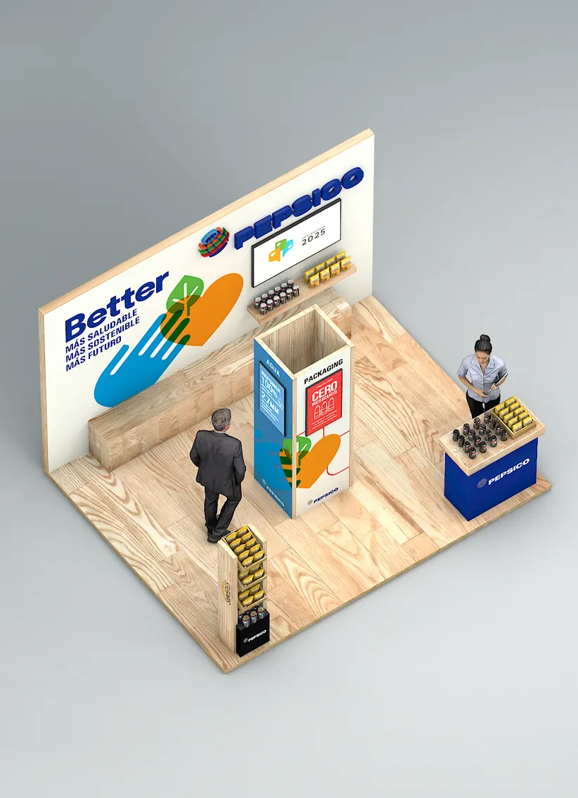 Montaje de exposición de Pepsico con mensajes sobre sostenibilidad y salud, muestra envases y productos con dos personas en el stand.