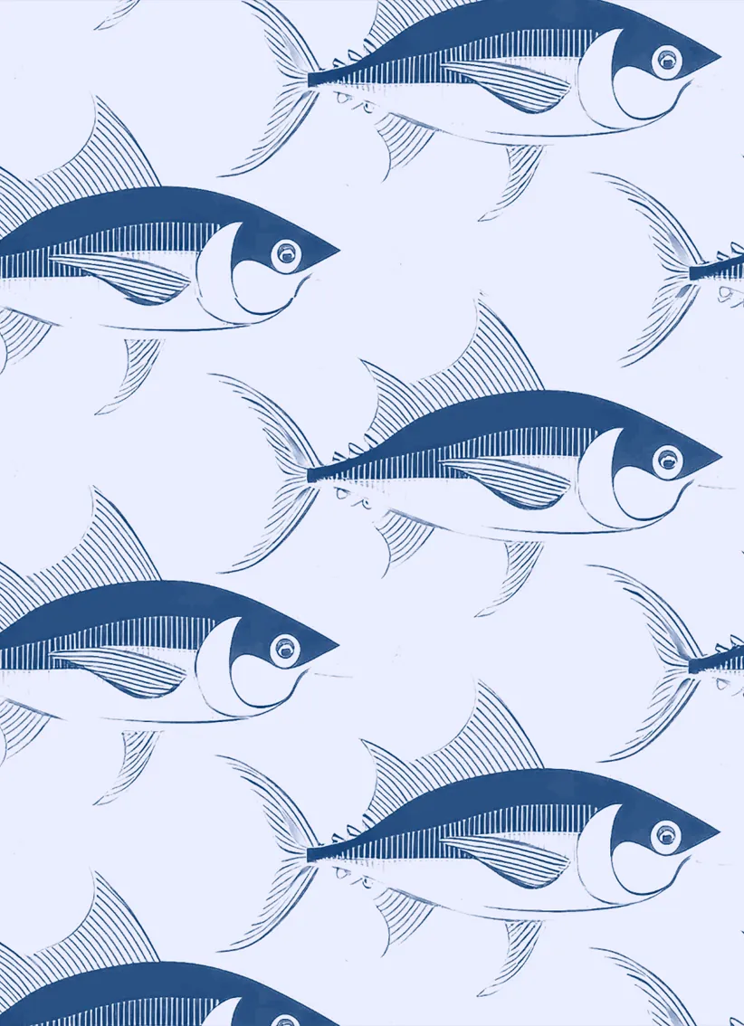 Patrón repetido de ilustraciones de peces azules estilizados sobre fondo claro.