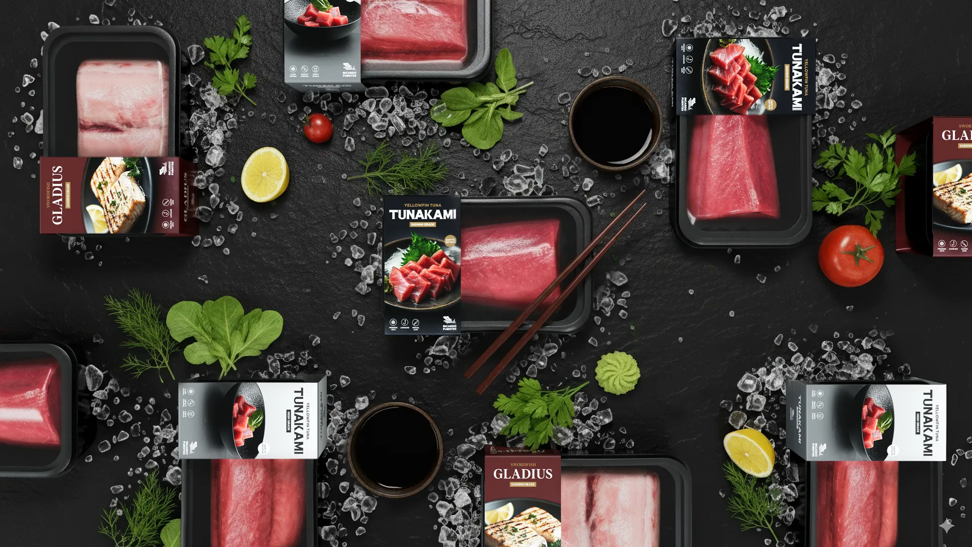 Variedad de empaques de pescado fresco Gladius y Tunakami con hielo, hierbas, rodajas de limón, tomates y dos tazas de salsa de soja con palillos.