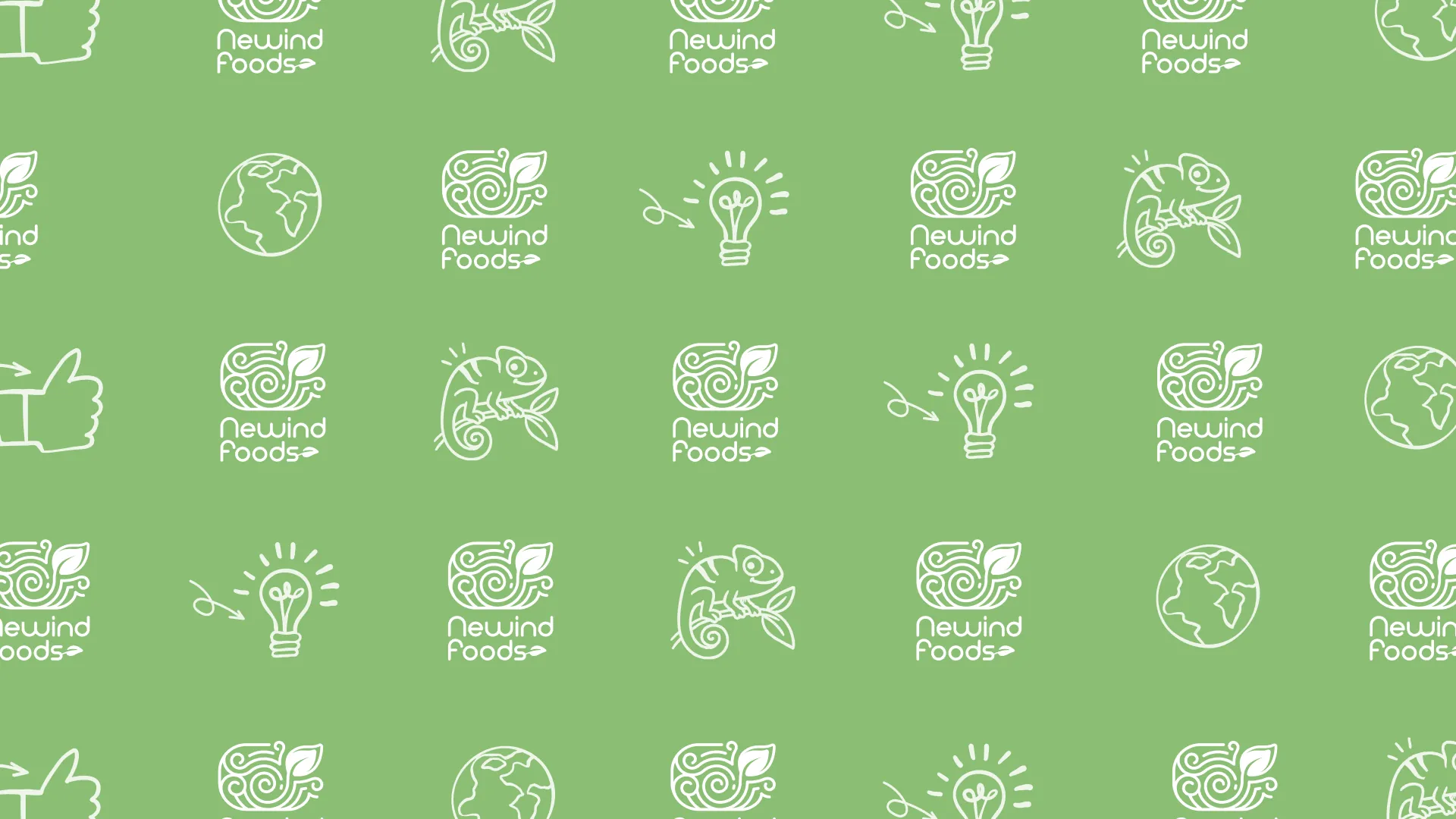 Patrón repetitivo sobre fondo verde con logotipo de caracol estilizado, texto 'Newind Foods', bombilla, camaleón y globo terráqueo dibujados en blanco.