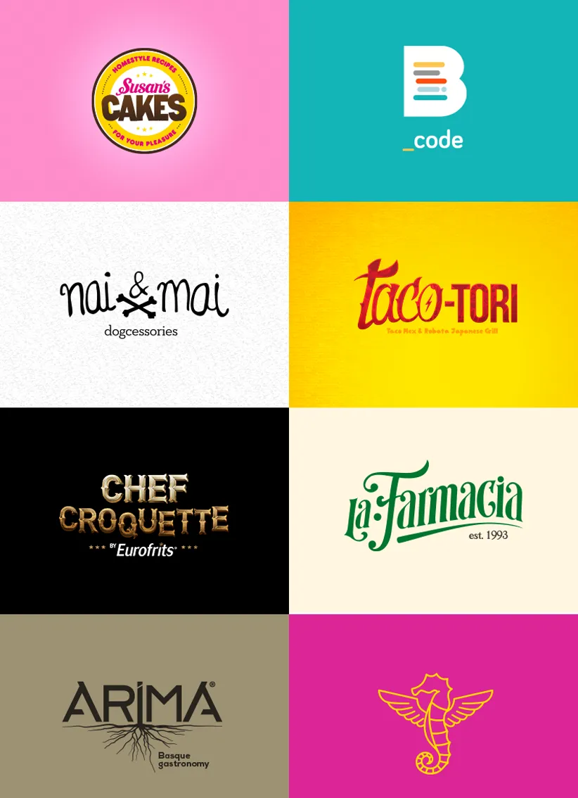 Collage de ocho logotipos de marcas variadas sobre fondos coloridos, incluyendo Susan's Cakes, B_code, nai & mai dogcessories, taco-TORI, Chef Croquette by Eurofrits, La Farmacia est. 1993, ARIMA Basque gastronomy y un caballito de mar amarillo.