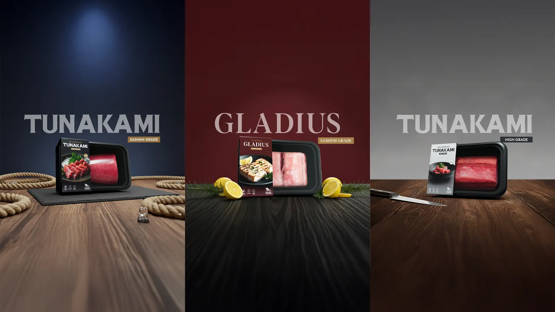 Tres paquetes de pescado fresco: dos de atún Tunakami y uno de pez espada Gladius, con decoración de cuerdas y rodajas de limón sobre mesa de madera.