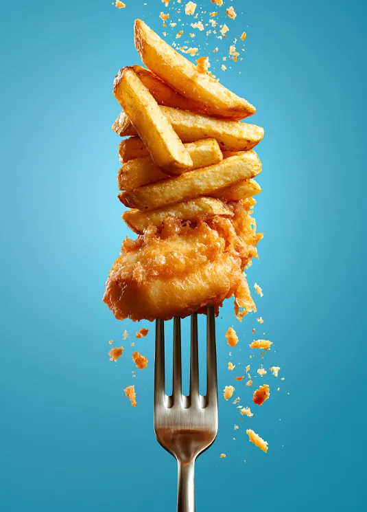 Tenedor con trozo de pescado frito y varias patatas fritas con migas cayendo en fondo azul.