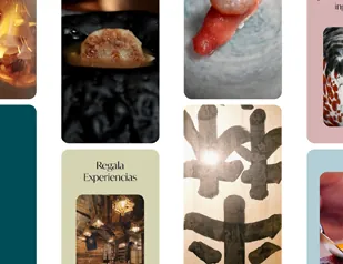 Varias imágenes dispuestas en columnas muestran comida, arte y un cartel que dice Regala Experiencias.