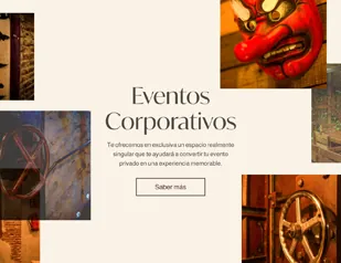 Texto 'Eventos Corporativos' con imágenes decorativas y botón 'Saber más' en fondo claro.