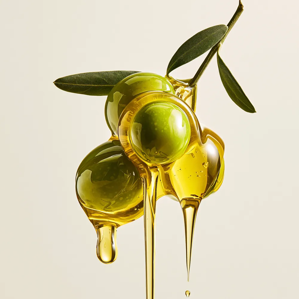 Aceitunas verdes con hojas y aceite de oliva goteando sobre fondo claro.