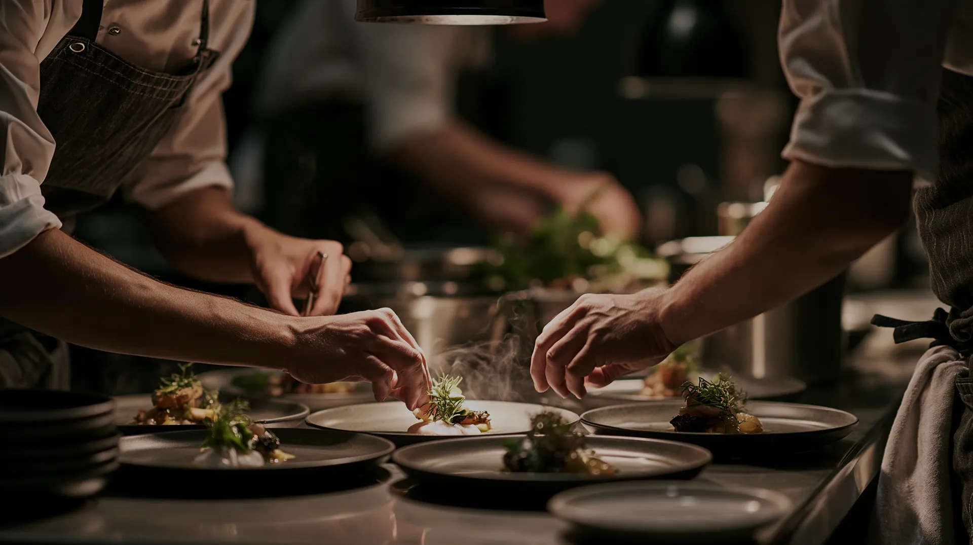Dos chefs decoran platos con comida gourmet y hierbas frescas en una cocina profesional.