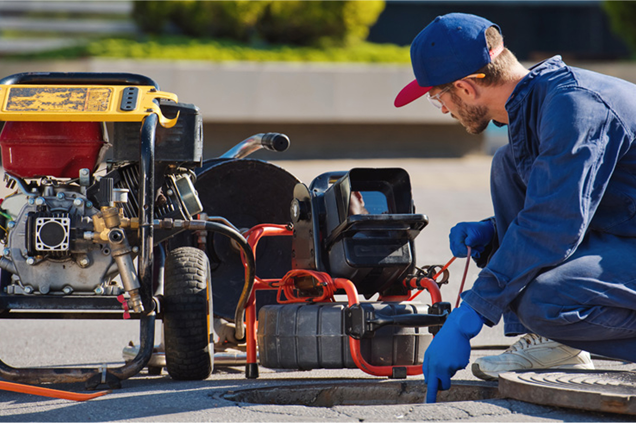 Technician inspecting drain equipment on a residential street.
