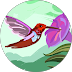 Illustration of a hummingbird and flower in bright colors.