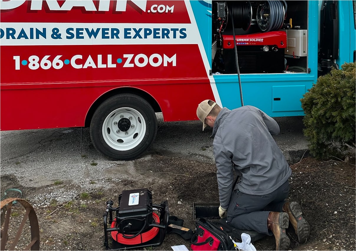Two technicians working with plumbing tools near a red service truck.