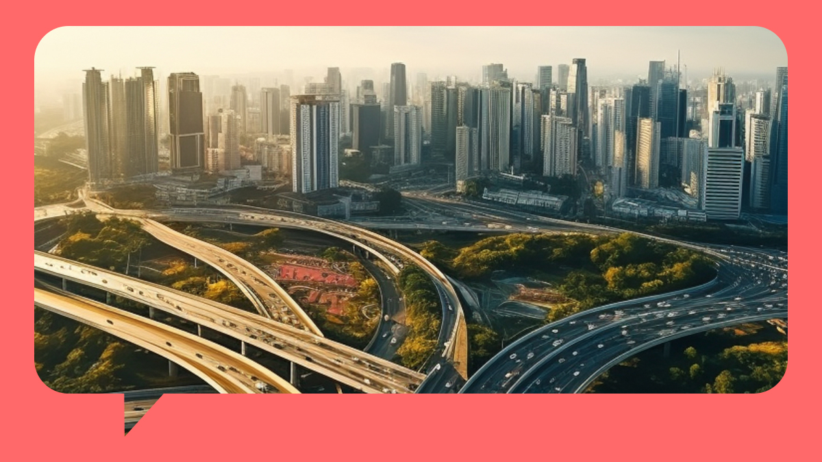 big city with highway against a sunset
