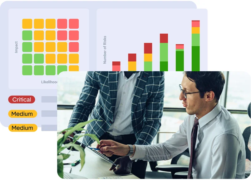 Infographic of Risk Register and users collaborating on the platform
