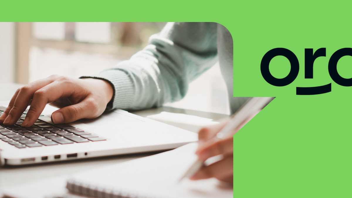 Green background with friendly face that has a speech bubble depicting a person working at a computer