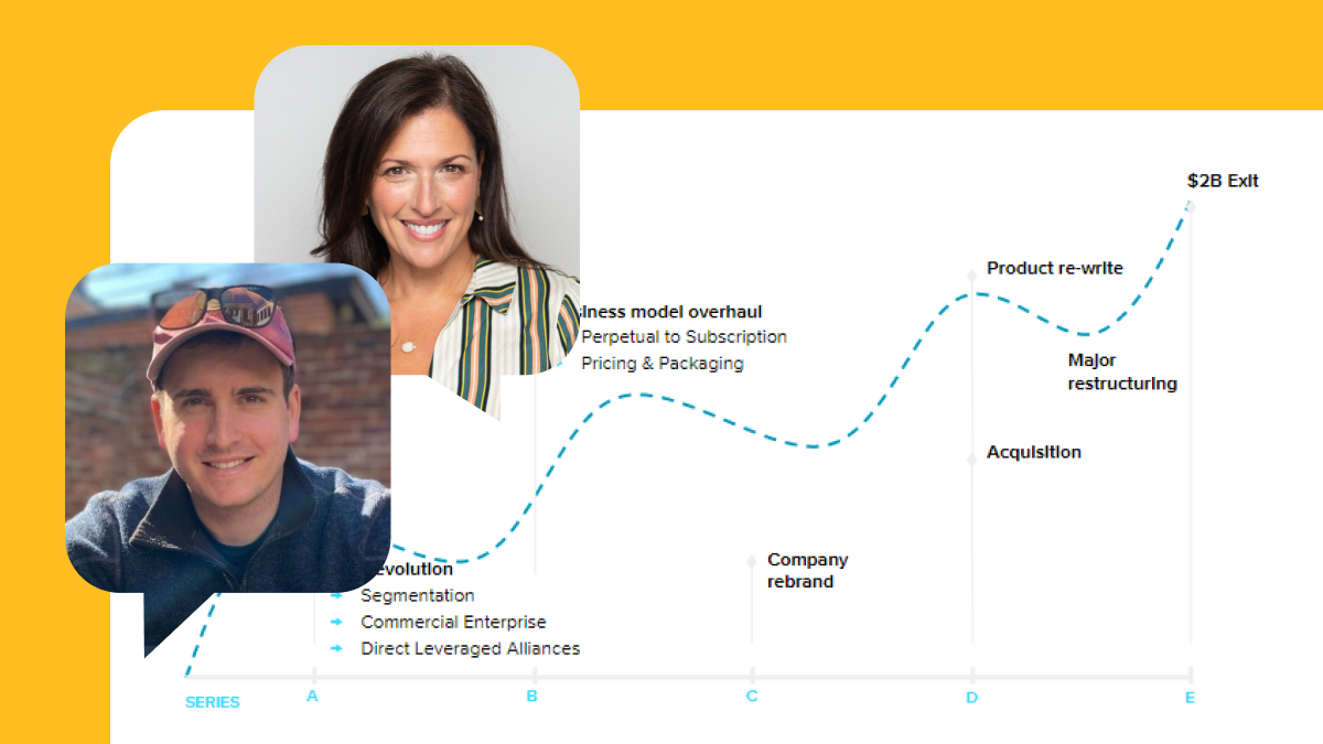 Line graph depicting growth and S-curves with woman and man next to the graph