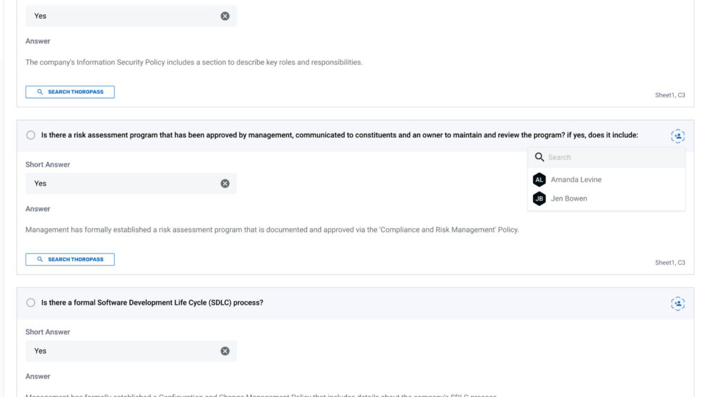Users are assigned to answer questions in Thoropass DDQ tools