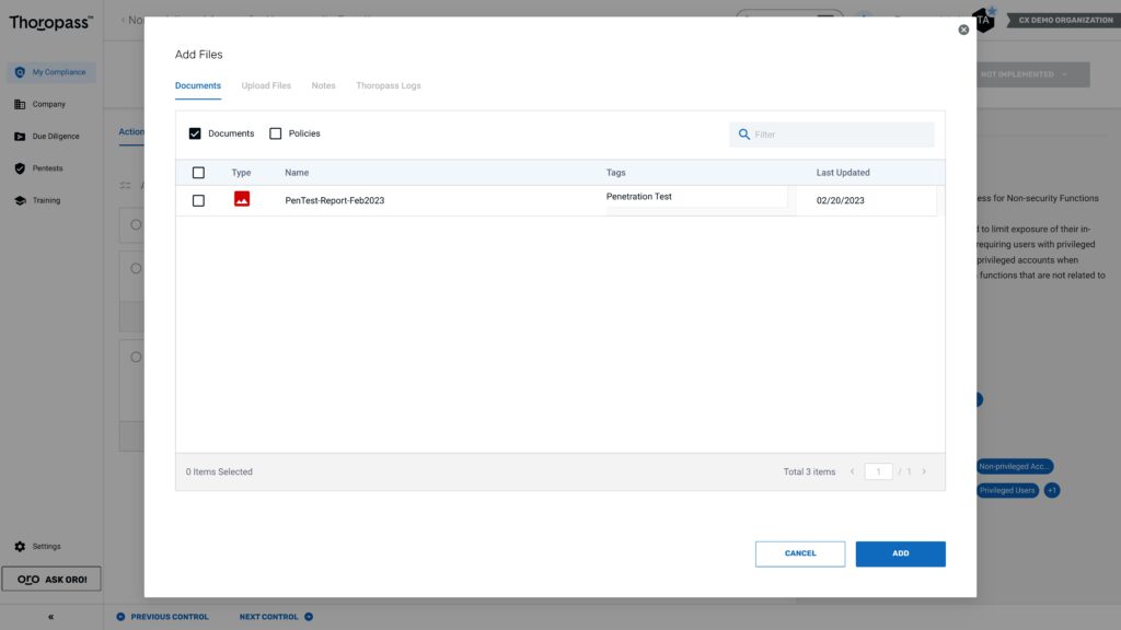 A Pentest report is uploaded as evidence in the Thoropass app