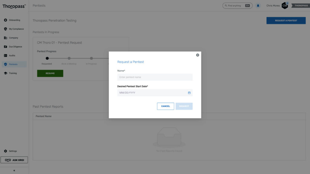 A pentesting request is submitted within Thoropass