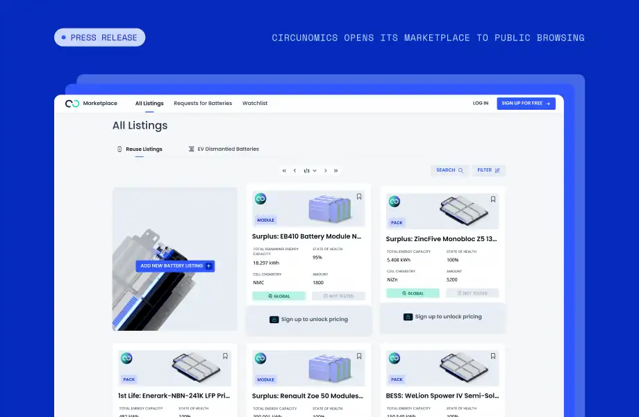 Circunomics B2B Battery Marketplace showing public battery listings with State of Health, capacity and chemistry, with pricing locked until sign-up.