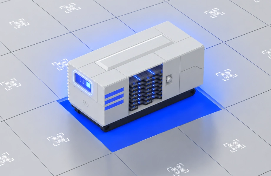 Battery energy storage system with visible modules on a grid of QR code tiles, symbolising the EU battery passport