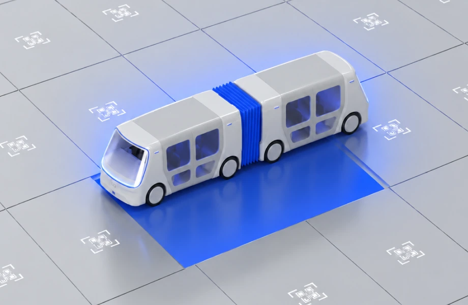 3D illustration of an electric articulated bus on a floor of QR code tiles, representing the EU Battery Passport