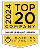 A yellow and white badge labeled “2024 Top 20 Company” for Online Learning Library, awarded by Training Industry.