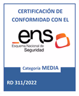 A blue and white badge that reads “Certificación de conformidad con el ENS” (National Security Scheme), category MEDIA RD 311/2022, indicating compliance with Spanish information security standards.