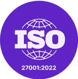 A circular purple badge with a globe icon and large “ISO” text, indicating ISO 27001:2022 certification.