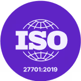 A circular purple badge with a globe icon and large “ISO” text, indicating ISO 27701:2019 certification.