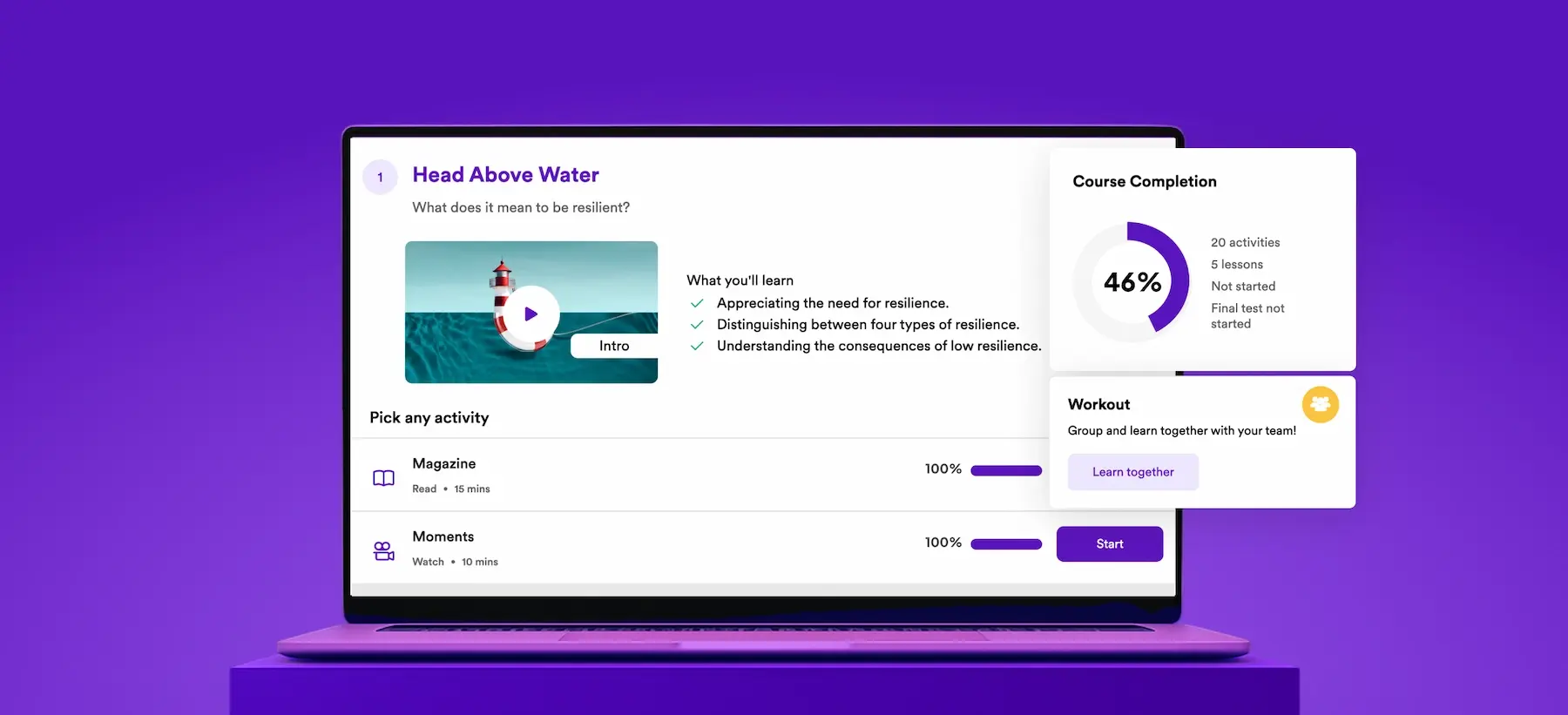 Laptop displaying an online course screenshot for ‘Head Above Water,’ a module on resilience, showing 46% course completion progress highlighted on screen.
