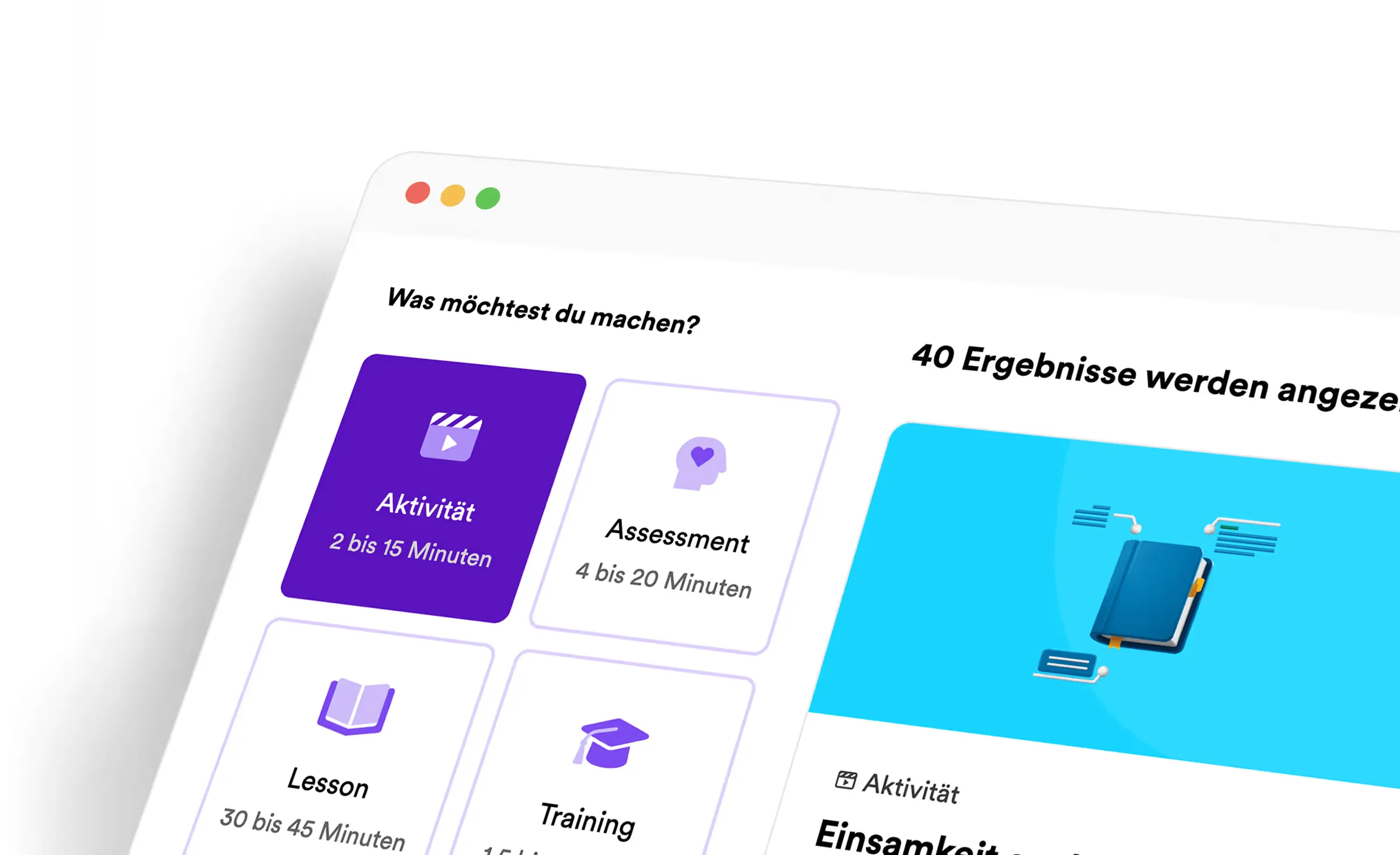 Screenshot der GoodHabitz-Lernplattform, der die Trainingsarten Activity, Assessment, Lessons und Training zeigt.