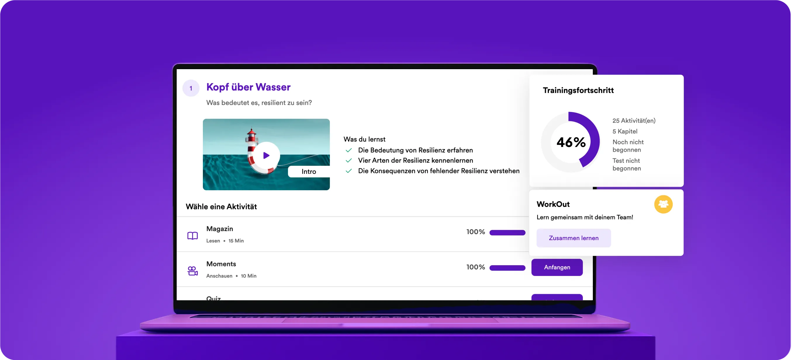 Open laptop showing the GoodHabitz course ‘Kopf über Wasser’ in German, with introduction video, resilience learning objectives, progress chart, and activity options for reading, watching, and group workouts on a purple background.