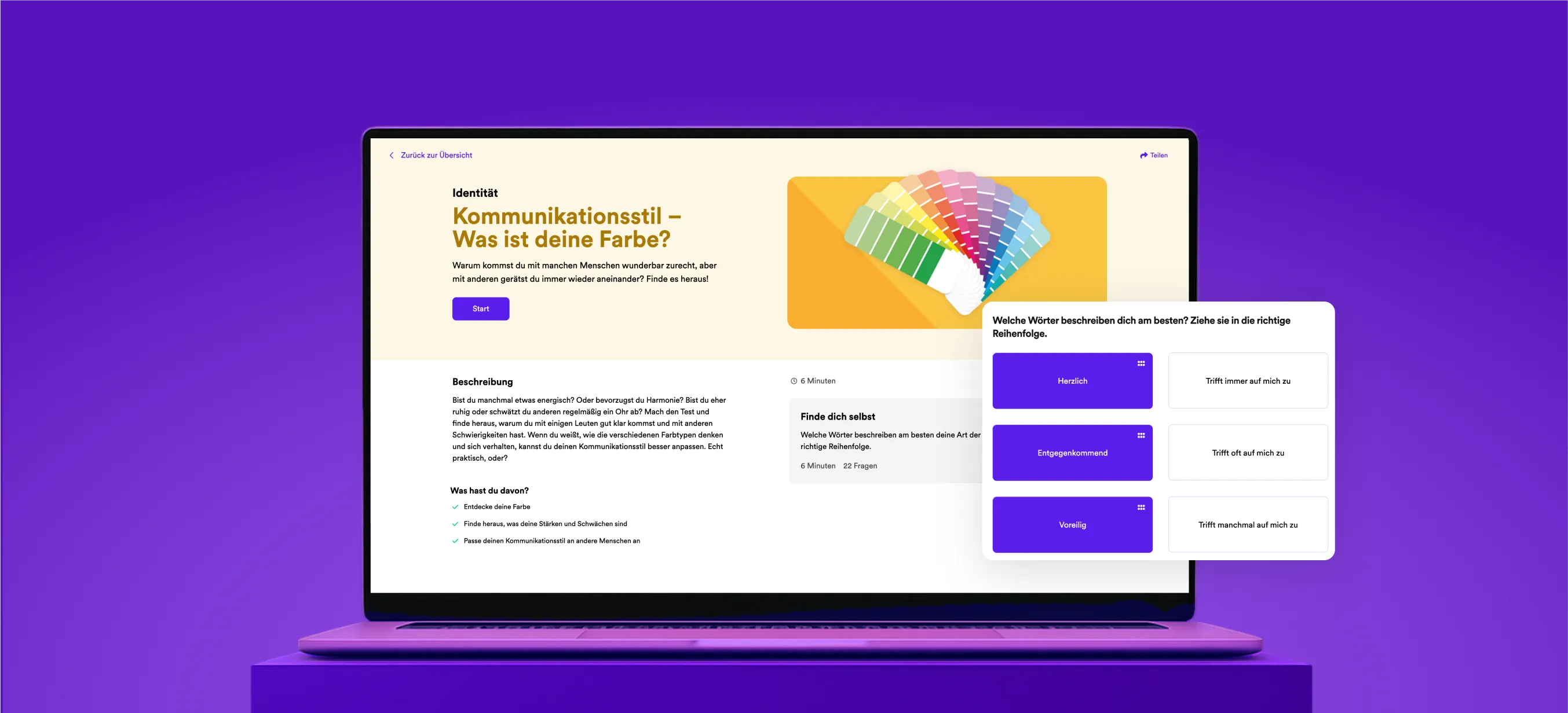 Open laptop displaying the GoodHabitz course ‘Kommunikationsstil – Was ist deine Farbe?’ in German, showing a colour palette illustration, course introduction, description, and a quiz interface for selecting personality traits, on a purple background