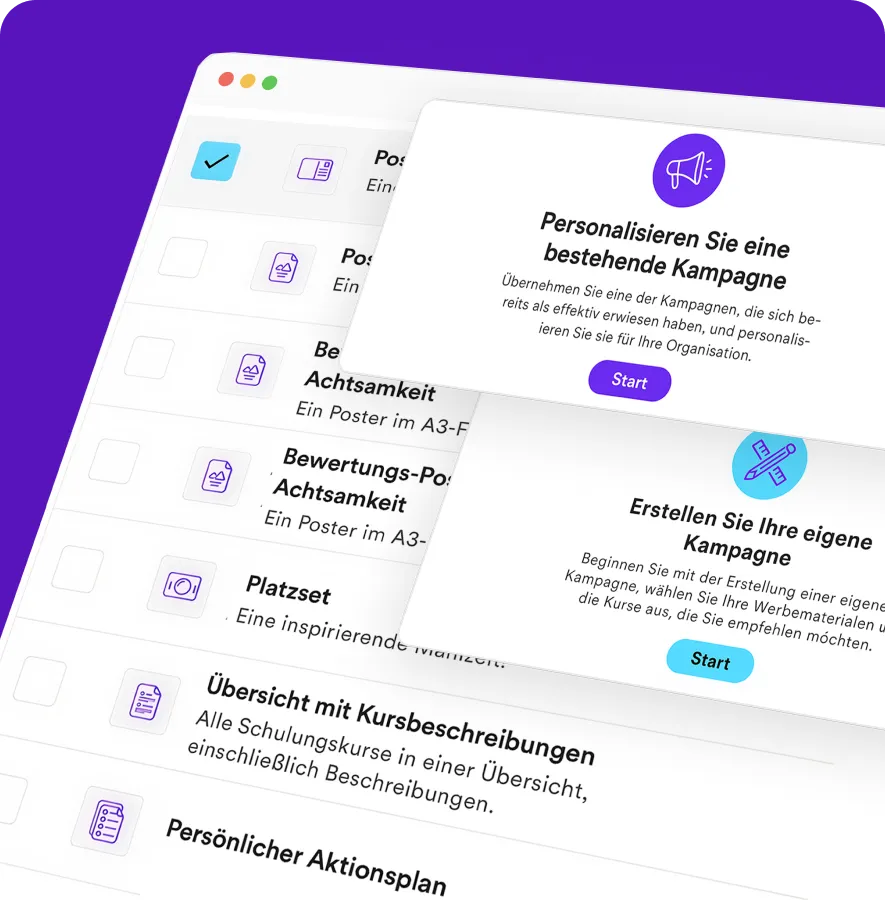Tablet screen with GoodHabitz campaign management in German, showing selectable promotional resources and pop-up options to personalise an existing campaign or create a new one, set on a purple background.