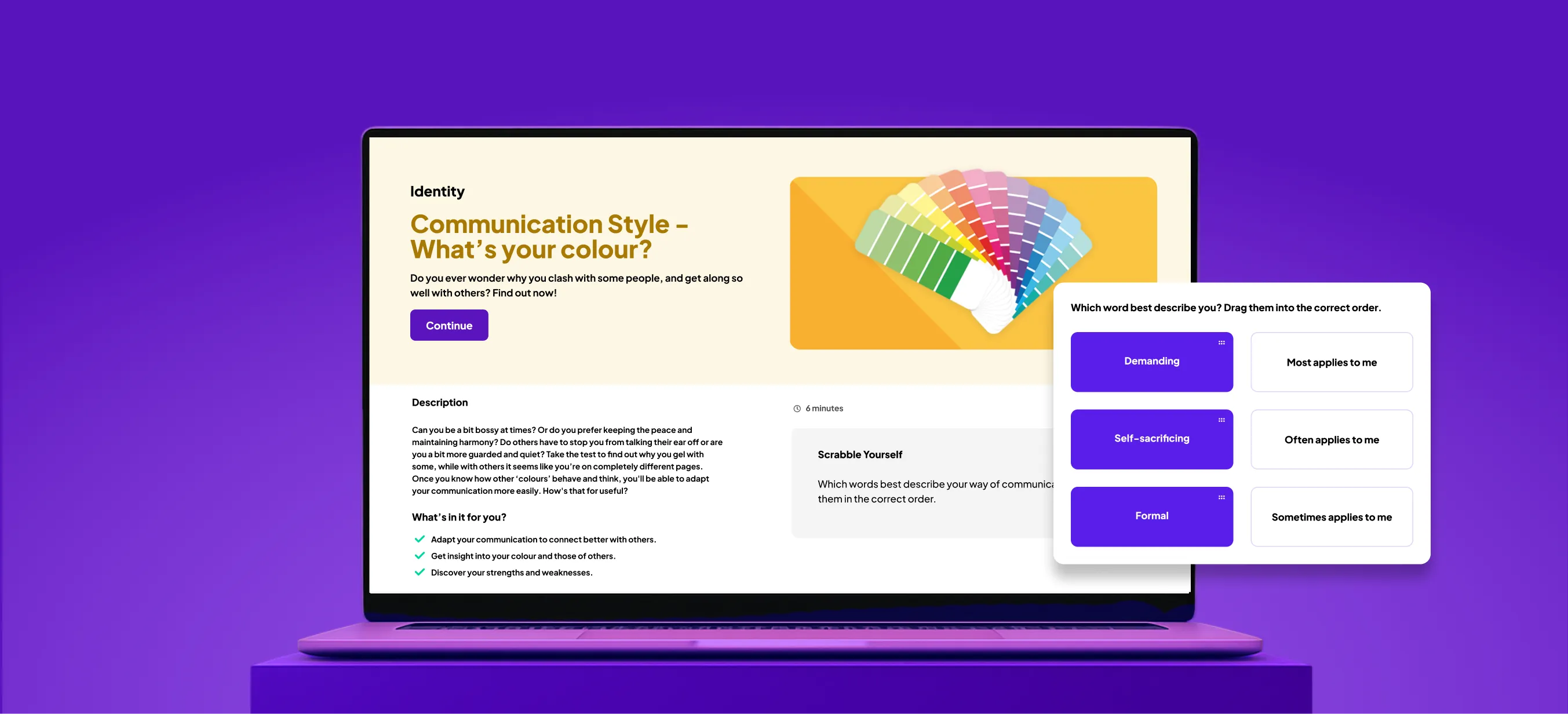Open laptop displaying the GoodHabitz assessment interface in English, featuring the ‘Communication Style – What’s your colour?’ course with a colour palette illustration, description, and a quiz section for sorting personality trait words.