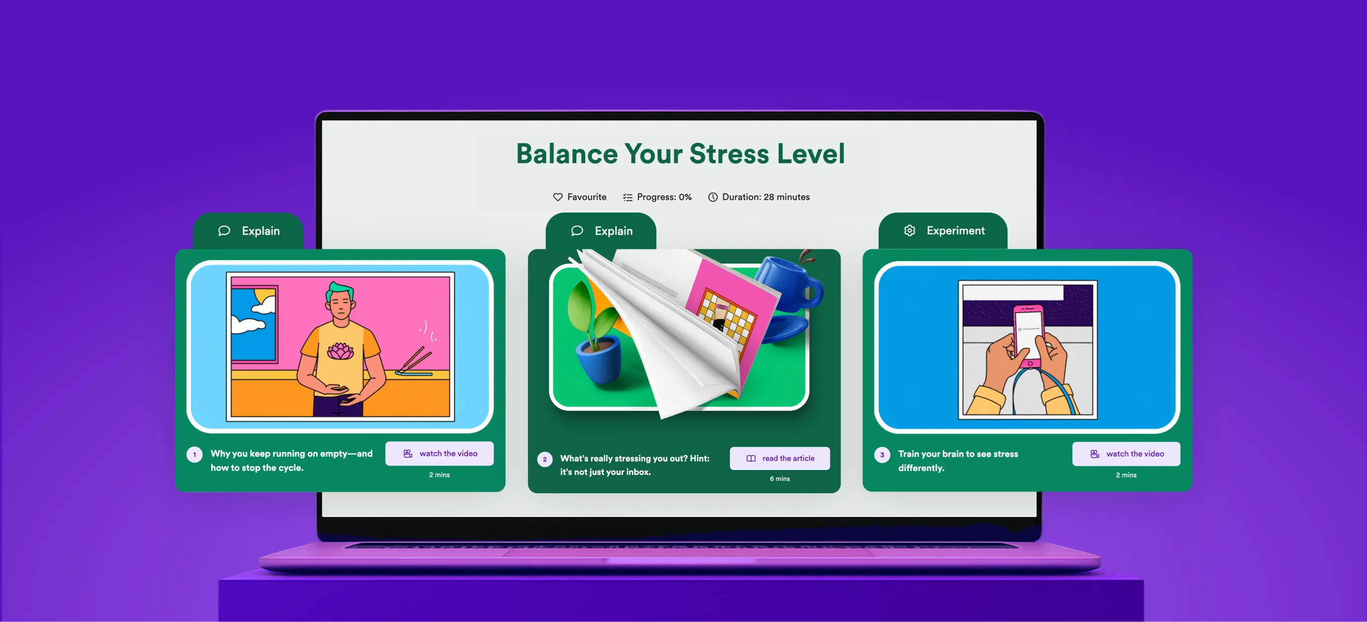 Open laptop displaying the GoodHabitz lesson ‘Balance Your Stress Level’, with illustrated cards for explaining stress, managing stressors, and practical experiments shown on a purple background.