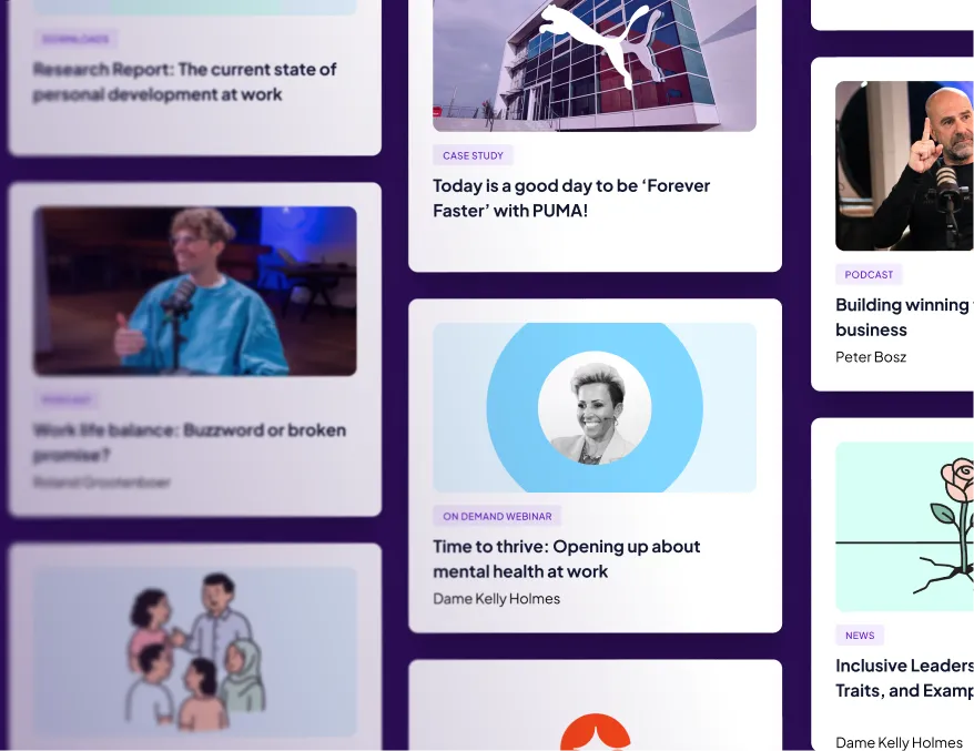 Collage of GoodHabitz resource tiles and news articles, featuring interviews, podcasts, webinars, and case studies, with a mix of blurred and clear faces, on a purple background.