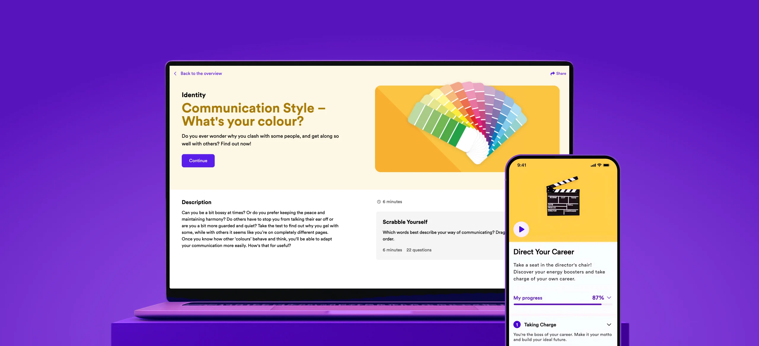 Laptop and smartphone displaying GoodHabitz courses and training modules, including ‘Communication Style – What’s your colour?’ and ‘Direct Your Career’, both set on a purple background.