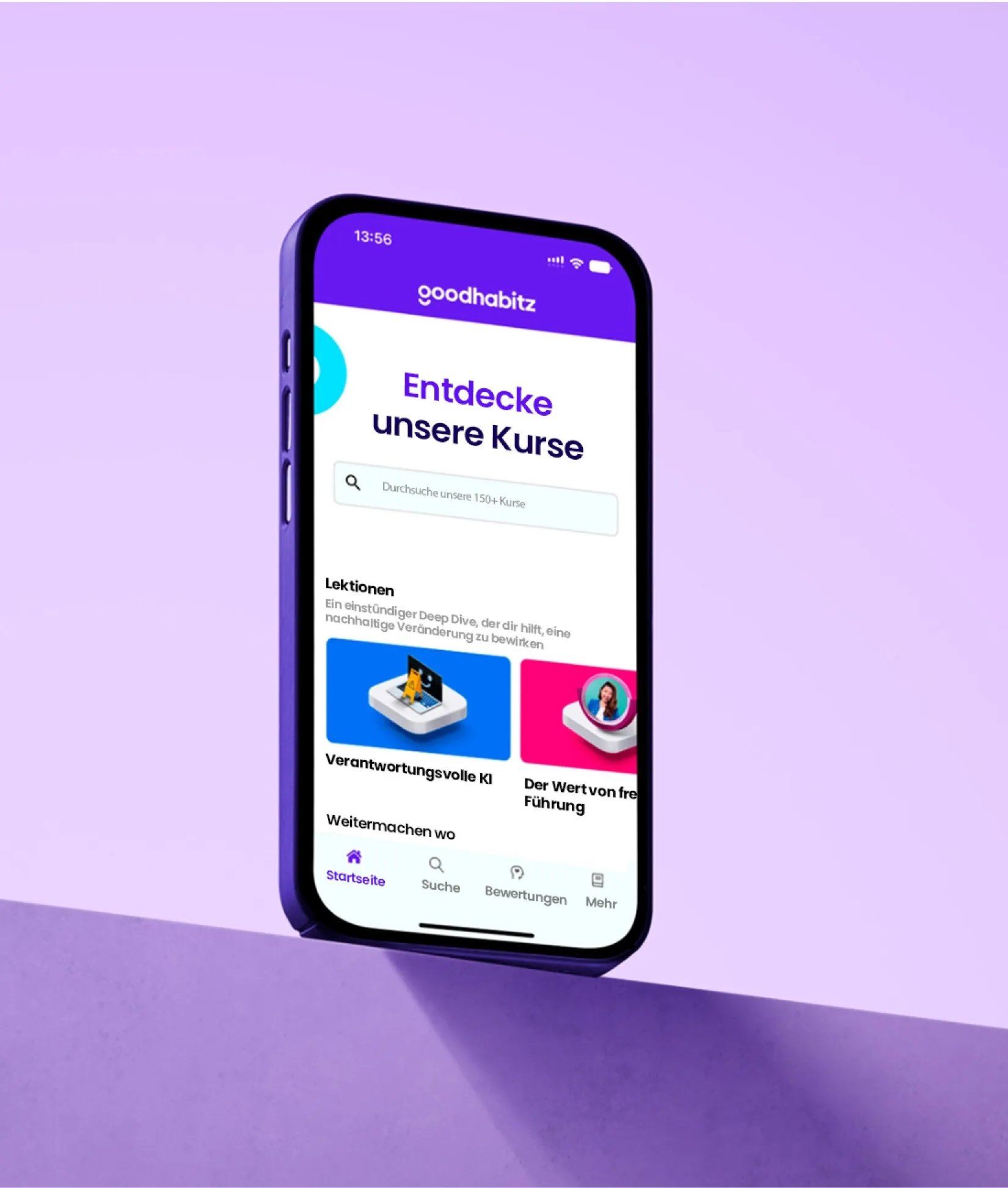 Smartphone displaying the GoodHabitz app in German, showing course discovery and search features, course cards, and navigation icons on a purple background.