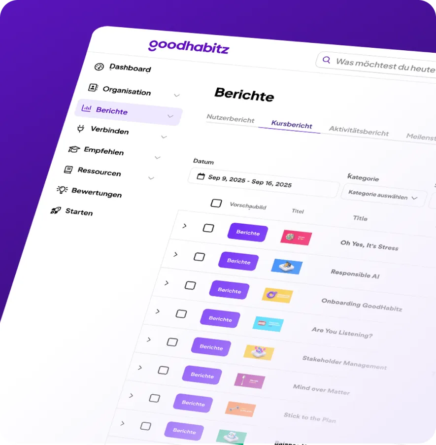 Tablet screen showing GoodHabitz reports dashboard in German, listing various course and user reports, with sidebar navigation and course titles on a purple background.