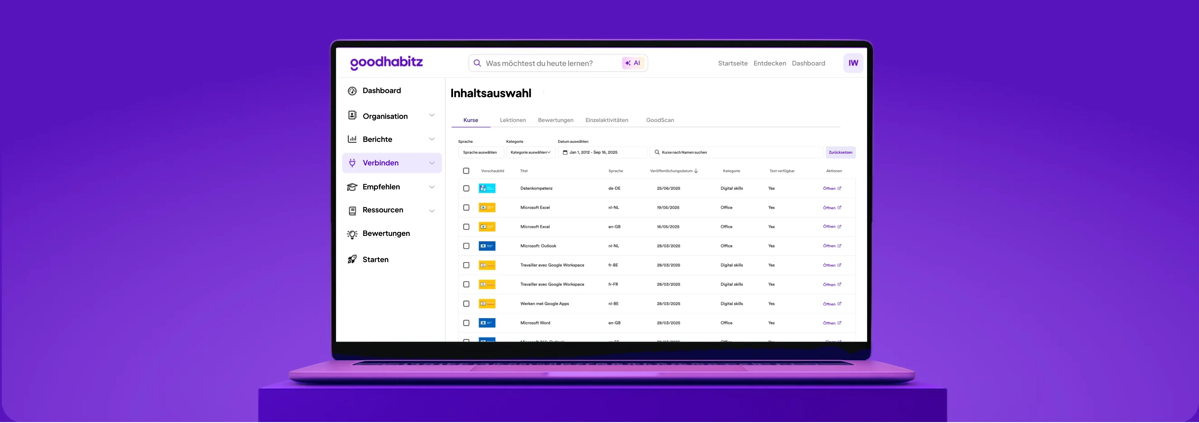 Open laptop displaying the GoodHabitz content selection dashboard in German, with a list of courses, categories, languages, publication dates, and side navigation menu on a purple background.