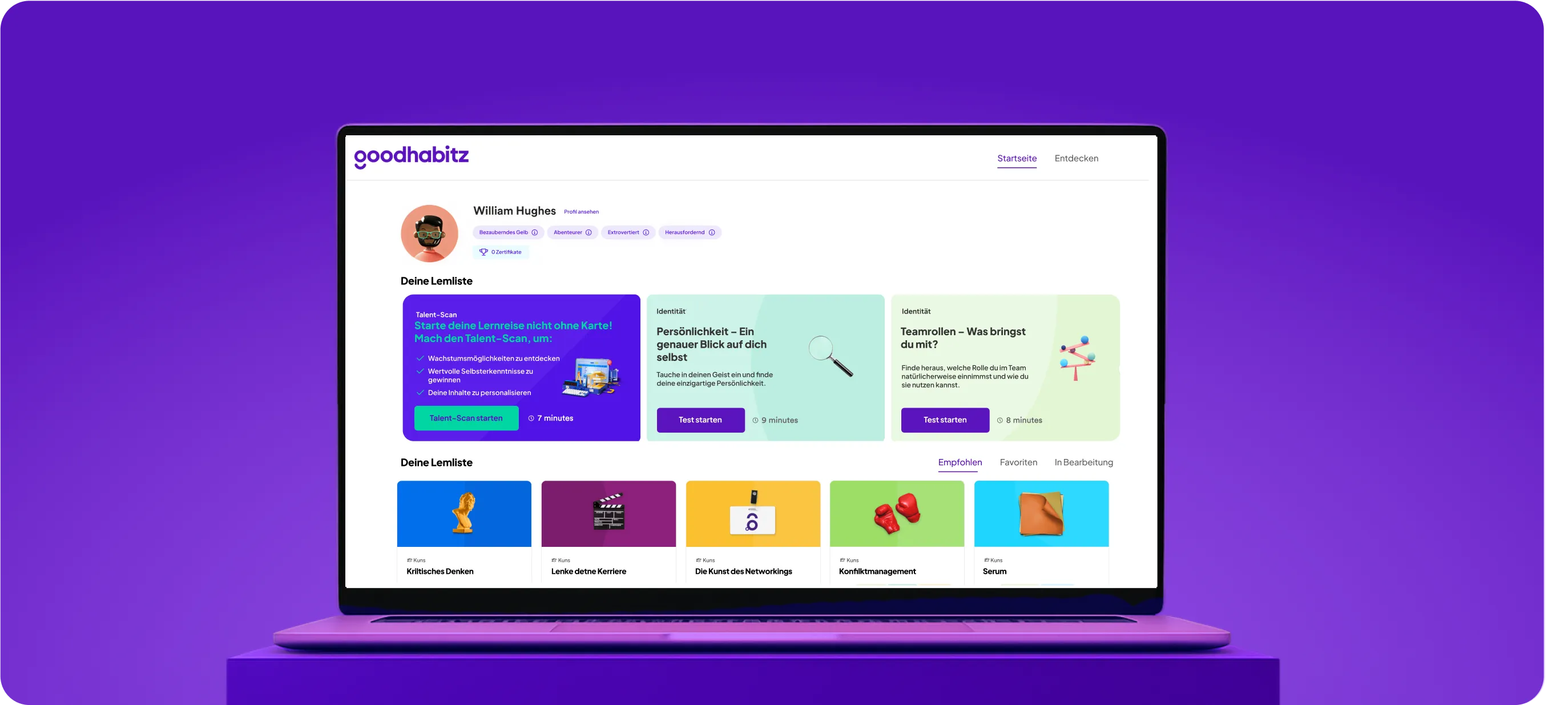 Open laptop displaying the GoodHabitz home page in German, showing a user profile, recommended learning activities, and a personalised learning list on a purple background.