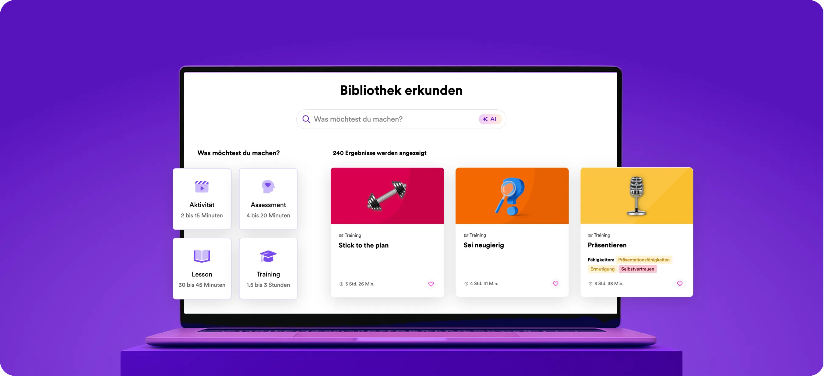 Open laptop displaying the GoodHabitz digital learning platform library in German, showing options for activities, assessments, lessons, and training, with colourful course cards on a purple background.