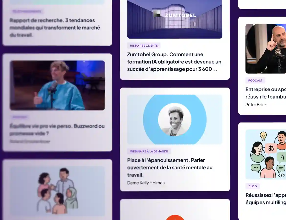 Collage de vignettes de ressources GoodHabitz et d’articles d’actualité, avec des interviews, des podcasts, des webinaires et des études de cas, mêlant visages floutés et nets, sur un fond violet.