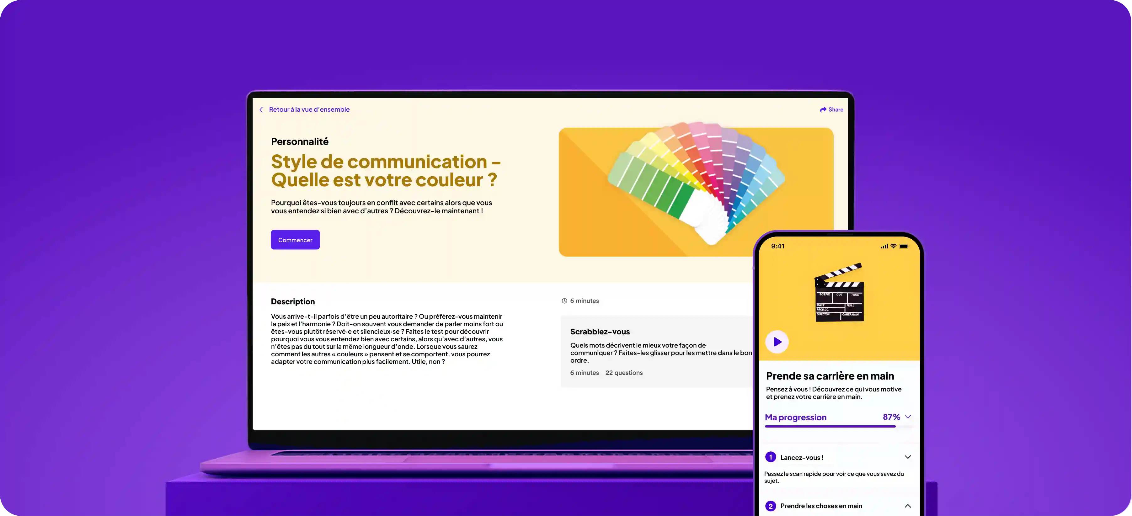 Ordinateur portable et smartphone affichant des cours et modules de formation GoodHabitz, notamment « Communication Style: What’s your colour? » et « Direct Your Career », tous deux sur un fond violet.