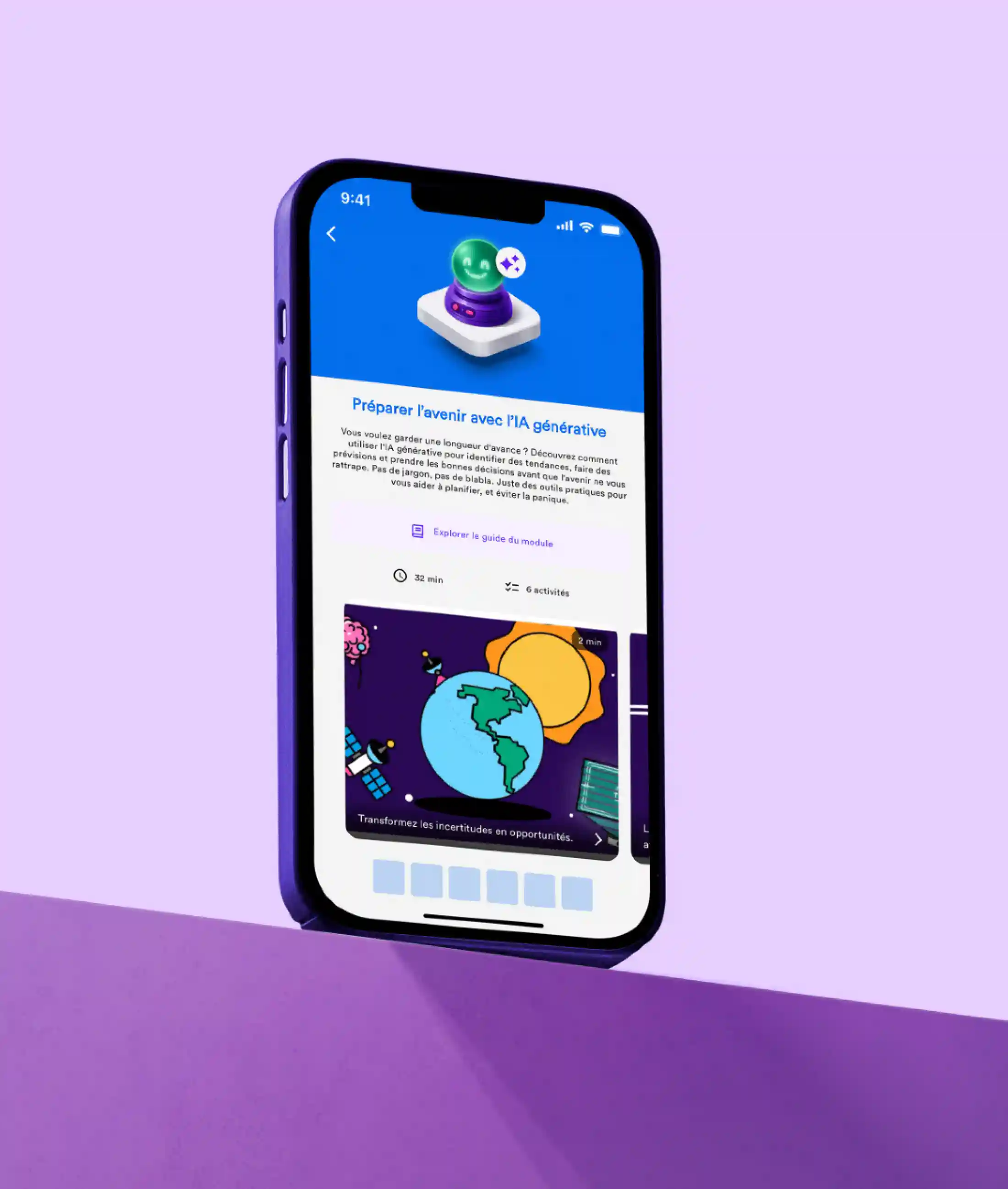 Un smartphone affichant l’interface de l’application GoodHabitz, avec une barre de recherche, des cours mis en avant et des options de navigation, sur un fond dégradé violet.

