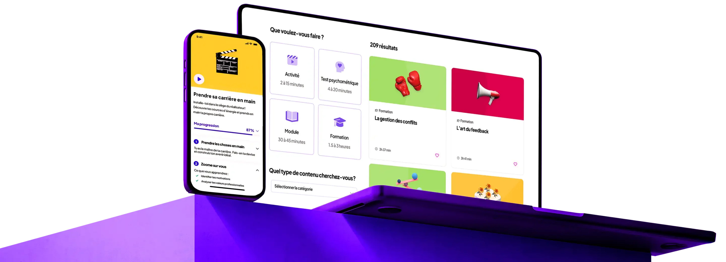 Smartphone et ordinateur portable affichant une plateforme de développement de carrière avec des activités, des tests psychométriques, des modules et des options de formation.