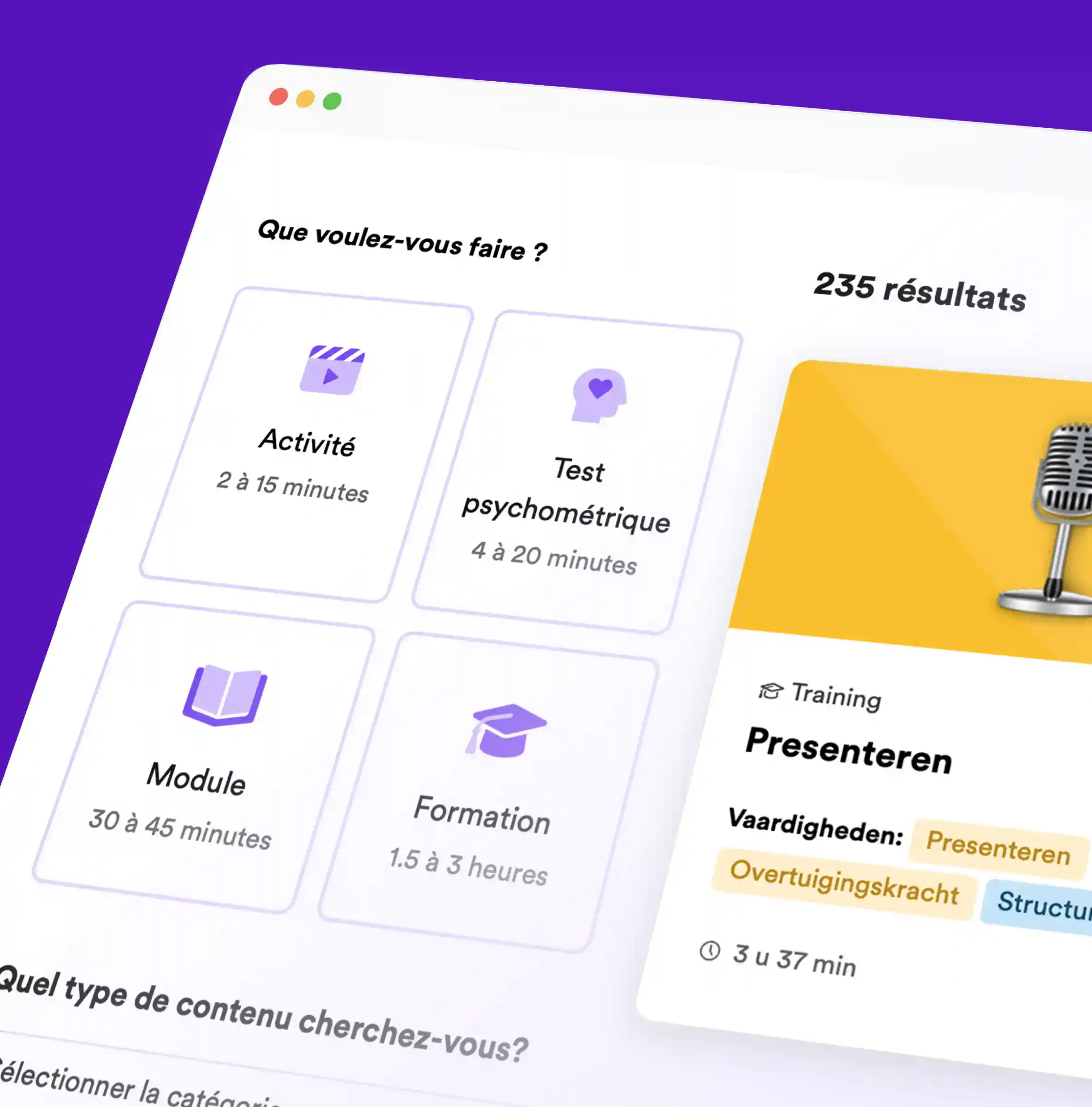 Interface met de vraag 'Wat wil je doen?', met tegels voor Activiteit, Beoordeling, Les en Training met tijden, en een cursuskaart 'Apresentar' met vaardigheidstags en 3 u 42 min, op een paarse achtergrond.
