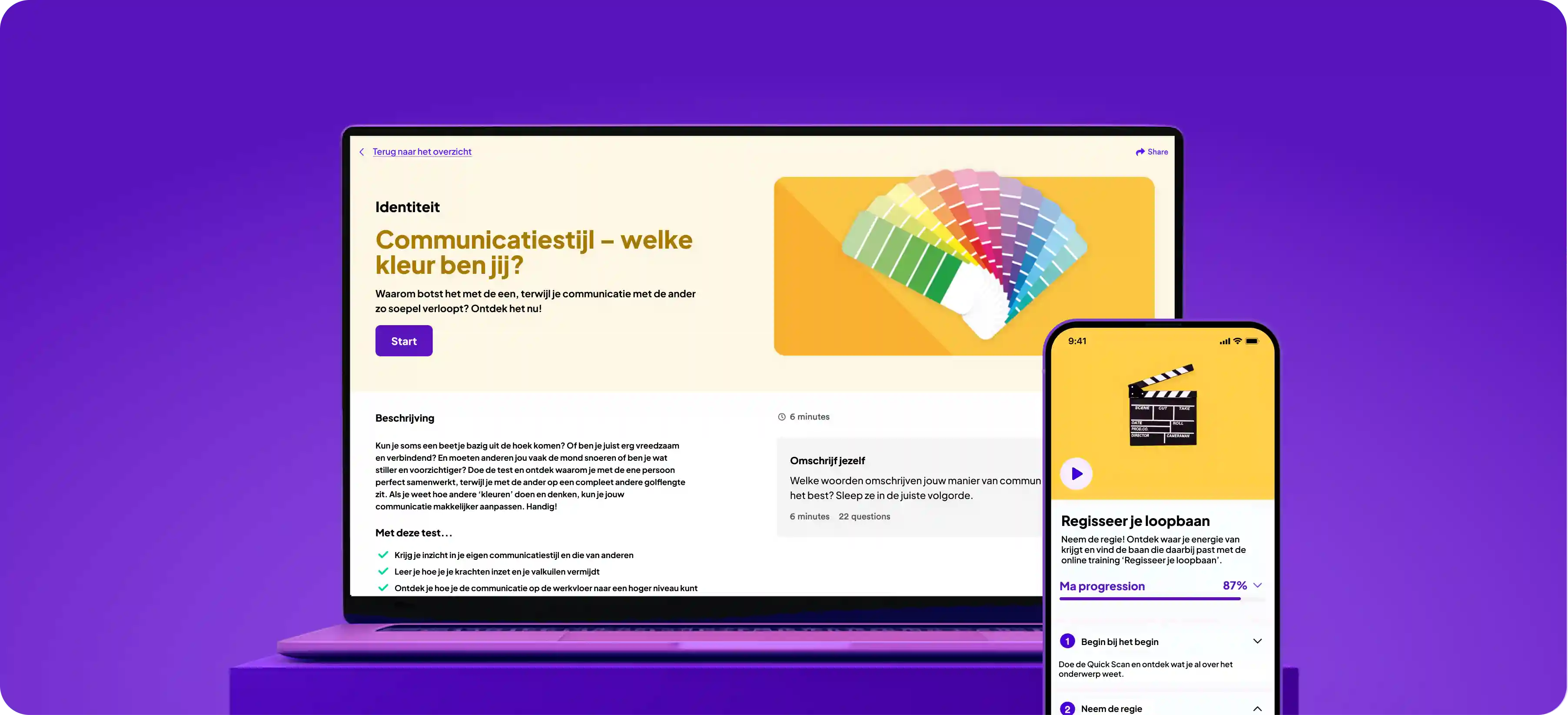 Laptop en smartphone waarop GoodHabitz cursussen en trainingsmodules te zien zijn, waaronder ‘Communication Style: What’s your colour?’ en ‘Direct Your Career’, beide op een paarse achtergrond.