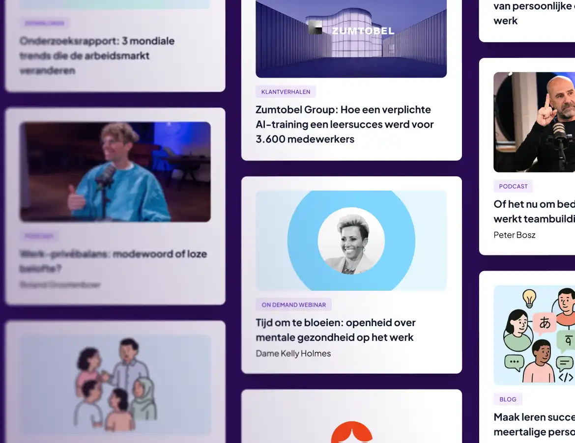 Collage van GoodHabitz resource-tegels en nieuwsartikelen, met interviews, podcasts, webinars en casestudies, met een mix van vervaagde en scherpe gezichten, op een paarse achtergrond.