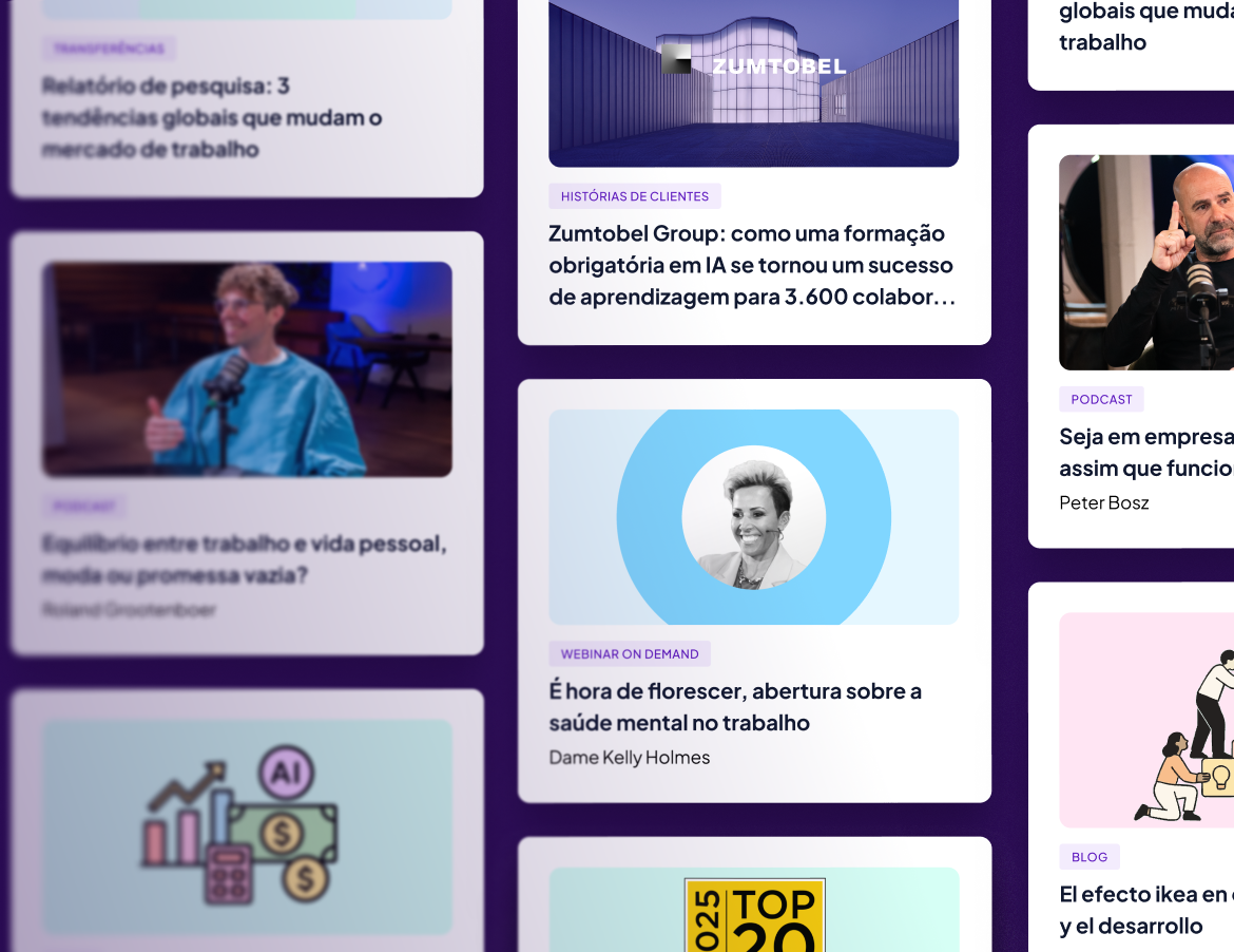 Colagem de mosaicos de recursos da GoodHabitz e artigos de notícias, com entrevistas, podcasts, webinars e estudos de caso, com uma mistura de rostos desfocados e nítidos, sobre um fundo roxo.